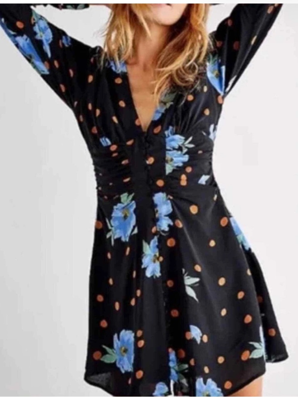 Free People Black Mini Dress with Blue Floral & Orange Polka Dots